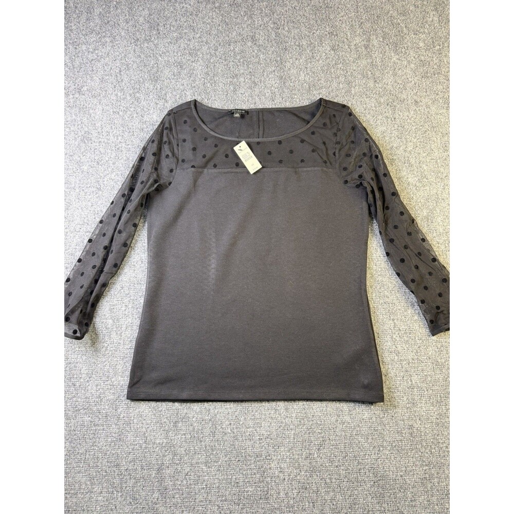 Talbots Womens XS Black Polka Dot Sheer Mesh Long Sleeve Blouse Top NWT